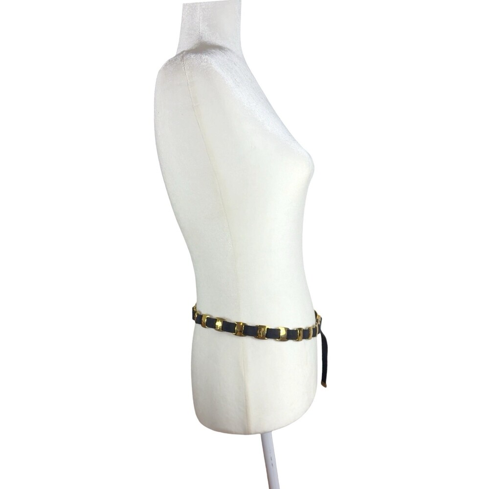 Vintage Salvatore Ferragamo Skinny Chain Link Belt Grosgrain Black Gold Italy - Picture 5 of 11